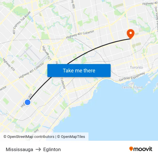 Mississauga to Eglinton map