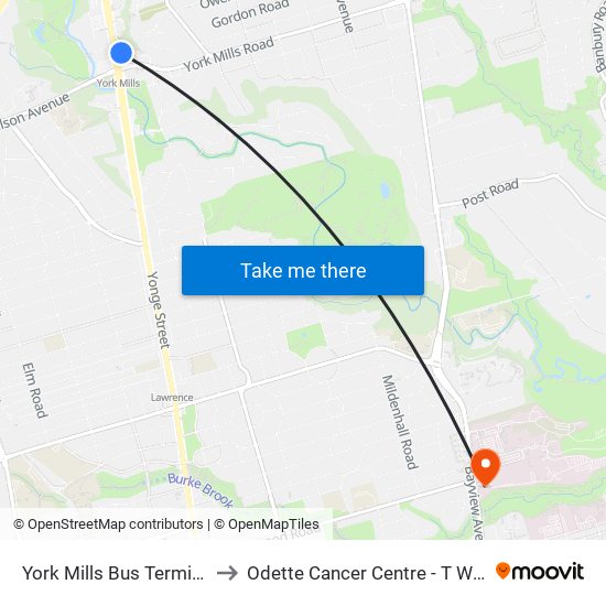 York Mills Bus Terminal to Odette Cancer Centre - T Wing map