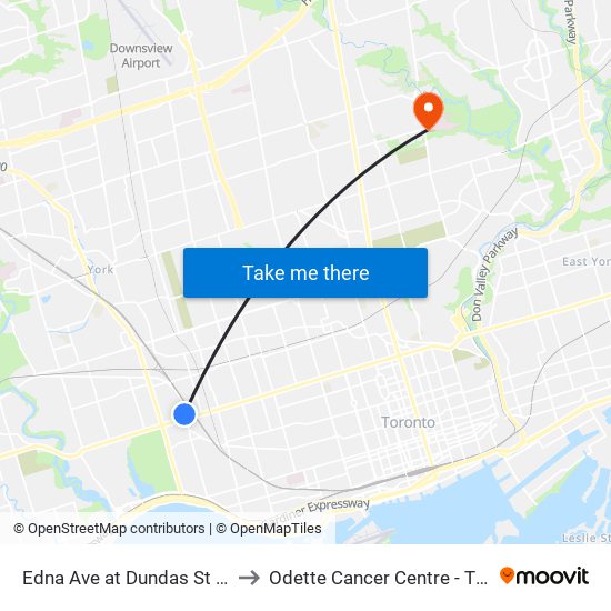 Edna Ave at Dundas St West to Odette Cancer Centre - T Wing map