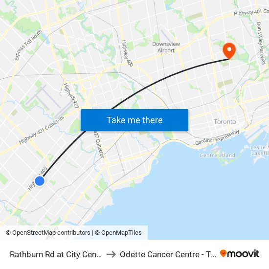 Rathburn Rd at City Centre Dr to Odette Cancer Centre - T Wing map