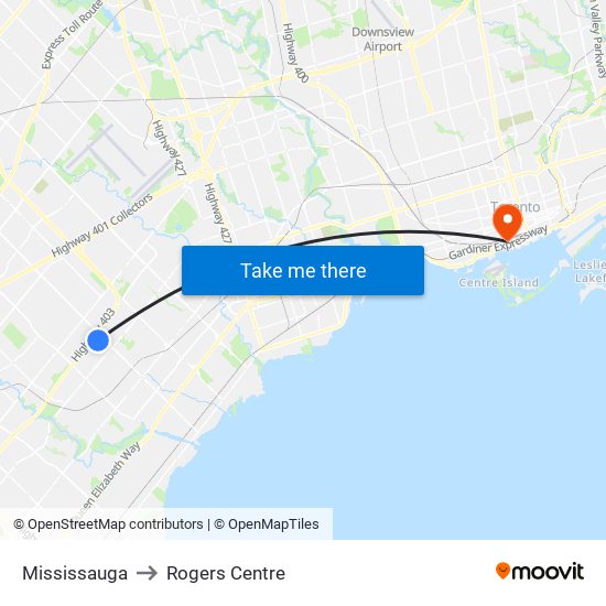 Mississauga to Rogers Centre map