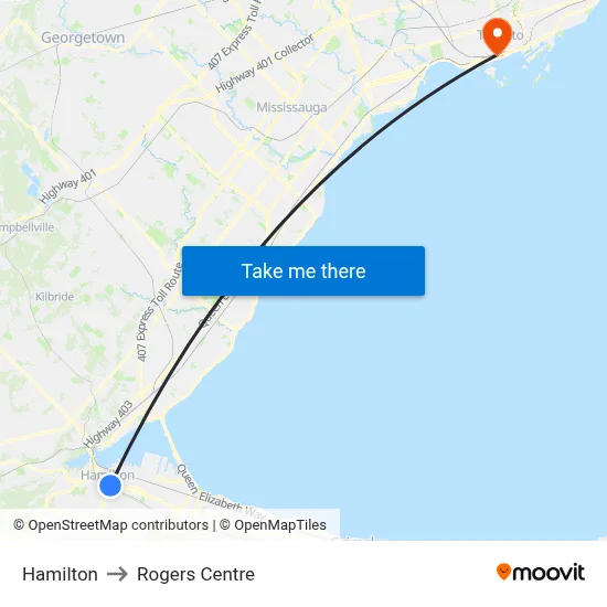 Hamilton to Rogers Centre map