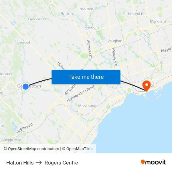 Halton Hills to Rogers Centre map