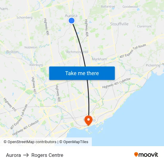 Aurora to Rogers Centre map