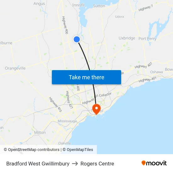 Bradford West Gwillimbury to Rogers Centre map
