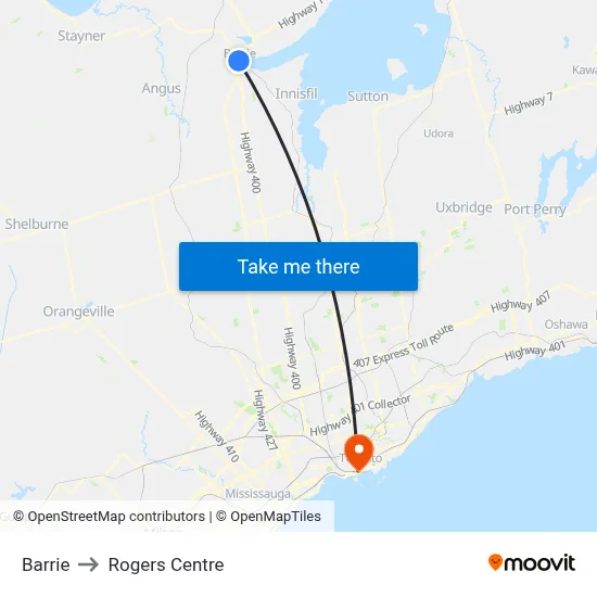 Barrie to Rogers Centre map