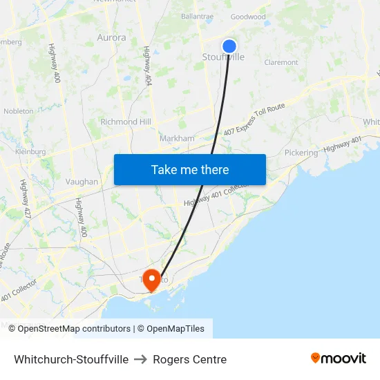 Whitchurch-Stouffville to Rogers Centre map