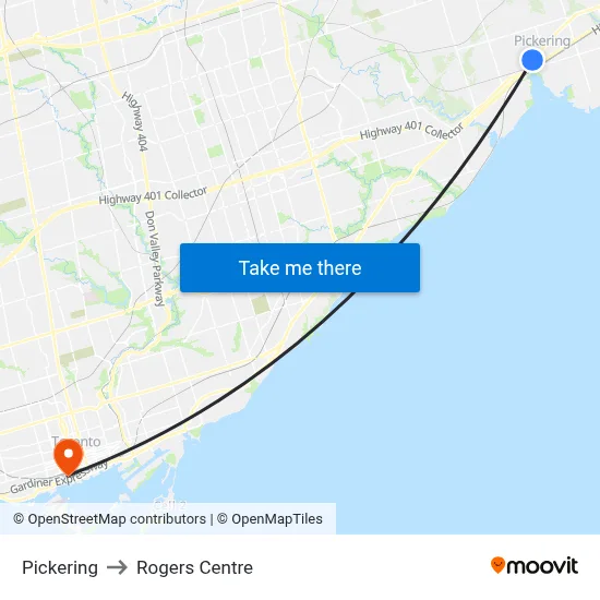 Pickering to Rogers Centre map