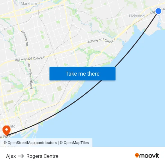 Ajax to Rogers Centre map
