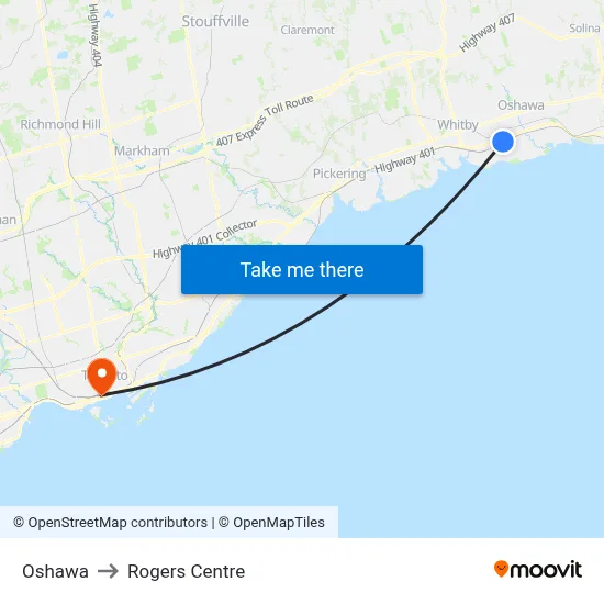 Oshawa to Rogers Centre map