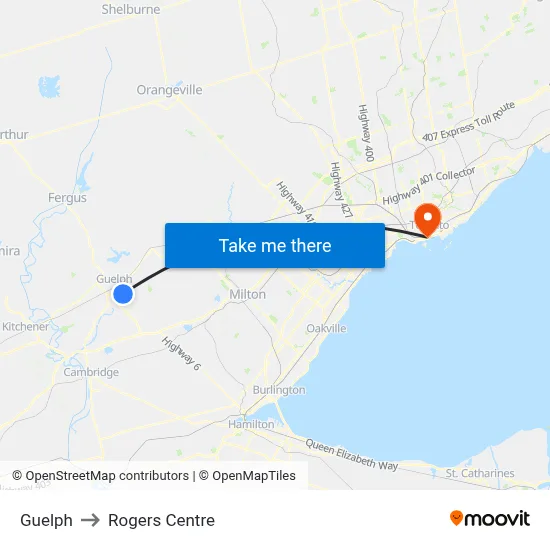 Guelph to Rogers Centre map