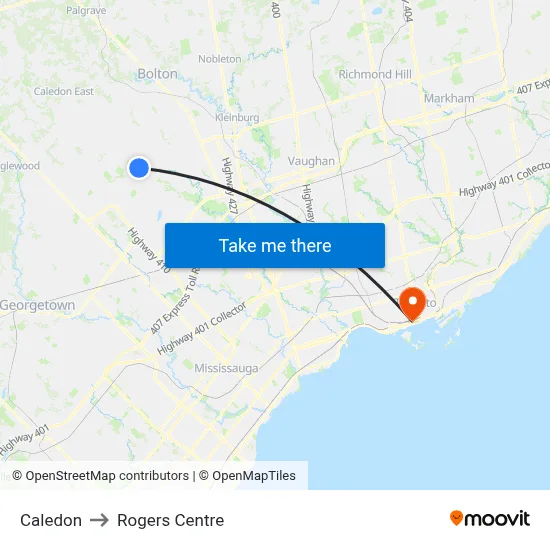 Caledon to Rogers Centre map