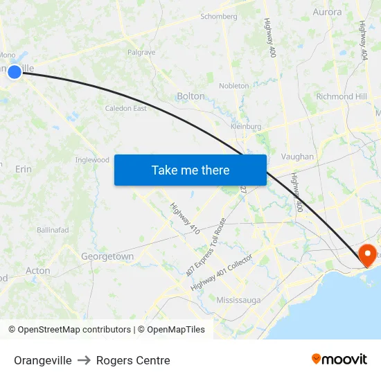 Orangeville to Rogers Centre map