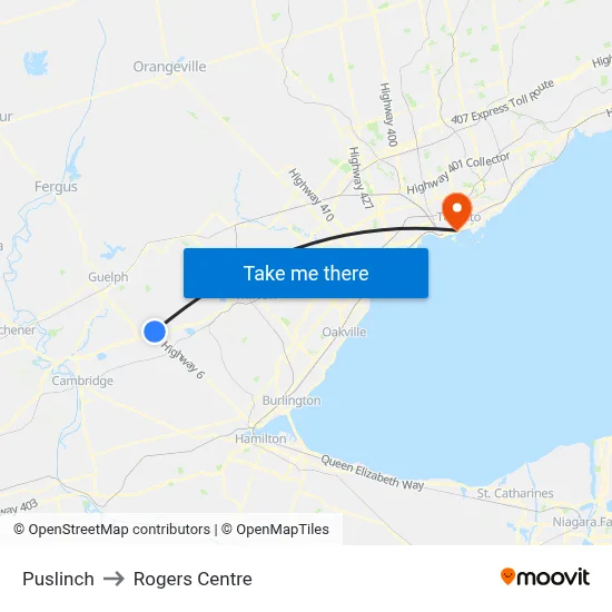 Puslinch to Rogers Centre map
