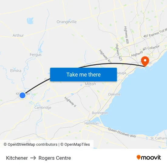 Kitchener to Rogers Centre map