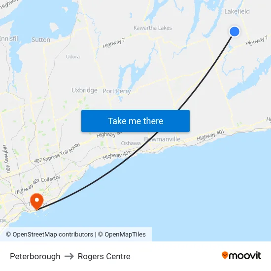 Peterborough to Rogers Centre map