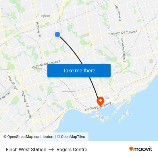 Finch West Station to Rogers Centre map