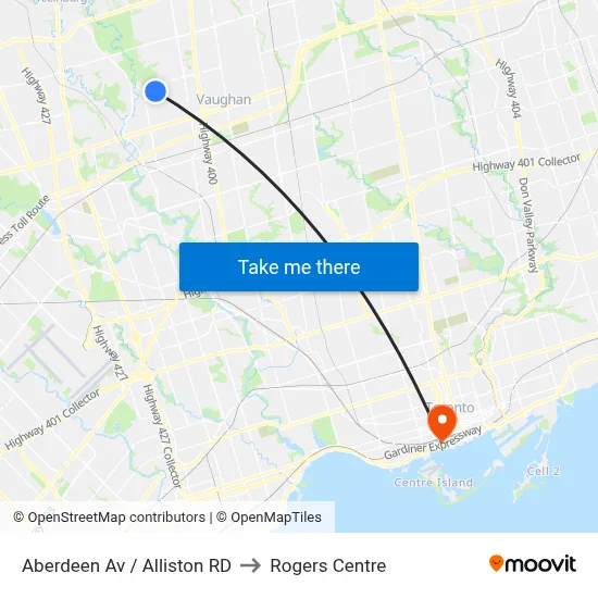 Aberdeen Av / Alliston RD to Rogers Centre map