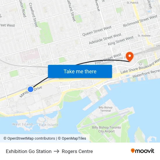 Exhibition Go Station to Rogers Centre map