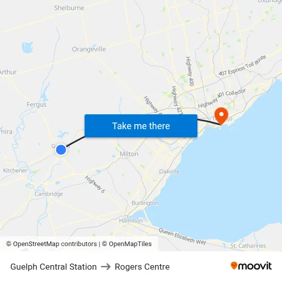 Guelph Central Station to Rogers Centre map