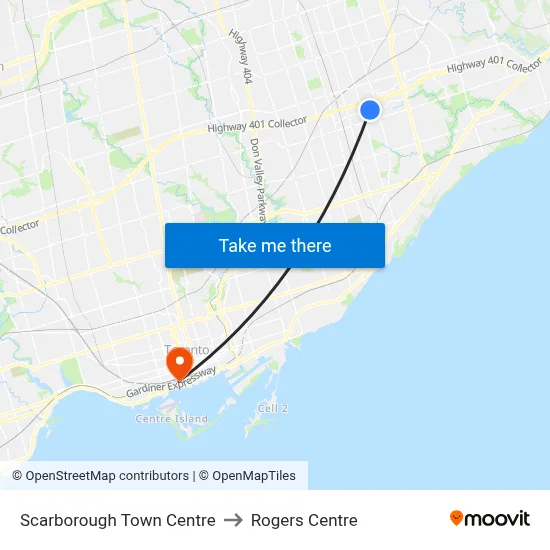 Scarborough Town Centre to Rogers Centre map