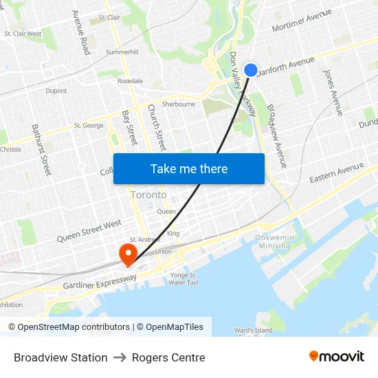Broadview Station to Rogers Centre map