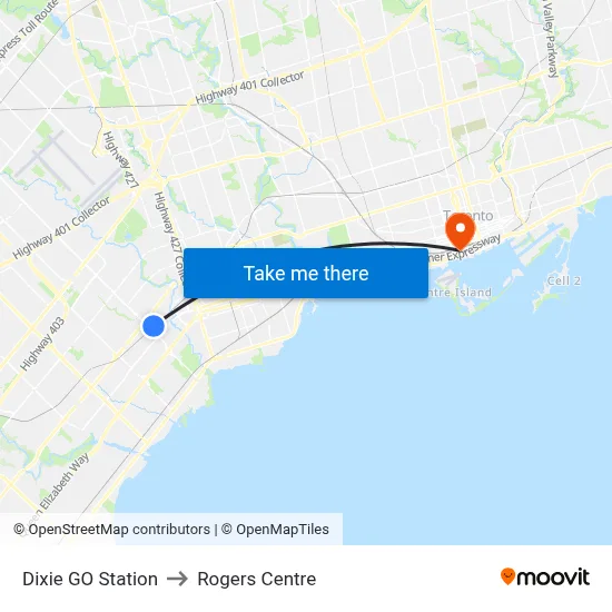 Dixie GO Station to Rogers Centre map
