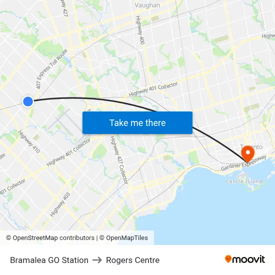 Bramalea GO Station to Rogers Centre map