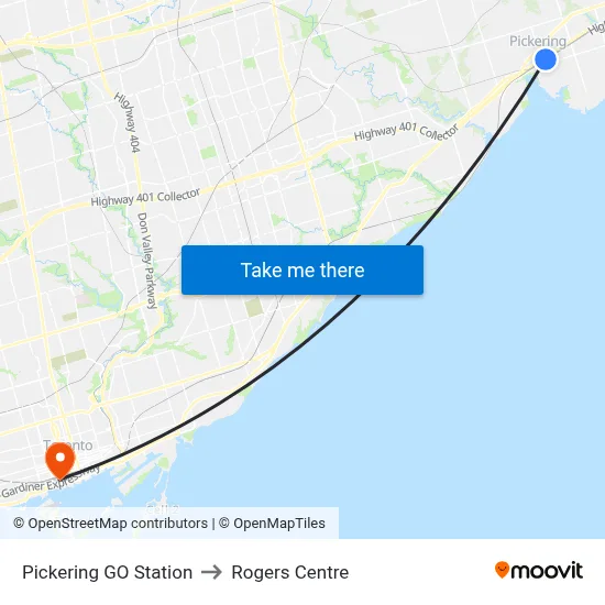 Pickering GO Station to Rogers Centre map