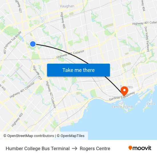 Humber College Bus Terminal to Rogers Centre map