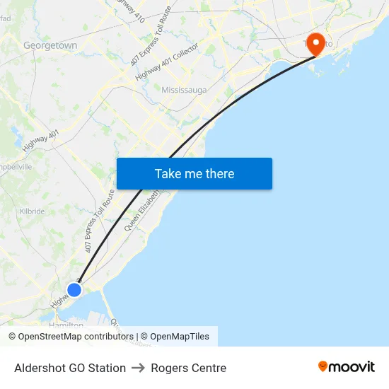 Aldershot GO Station to Rogers Centre map