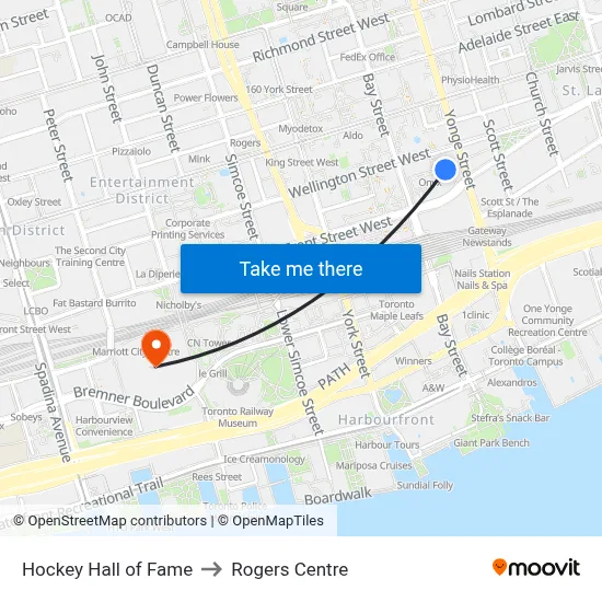 Hockey Hall of Fame to Rogers Centre map
