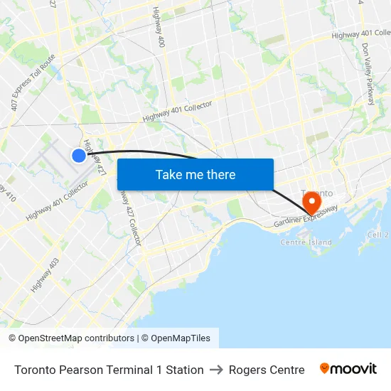 Toronto Pearson Terminal 1 Station to Rogers Centre map