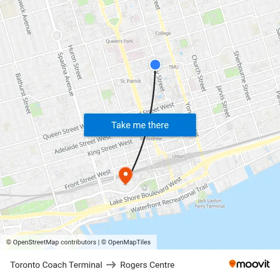 Toronto Coach Terminal to Rogers Centre map