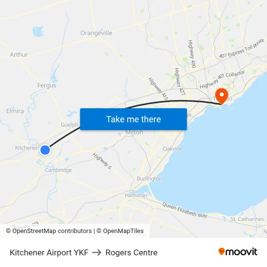 Kitchener Airport YKF to Rogers Centre map