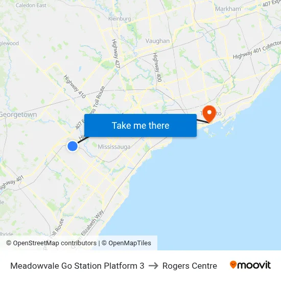 Meadowvale Go Station Platform 3 to Rogers Centre map