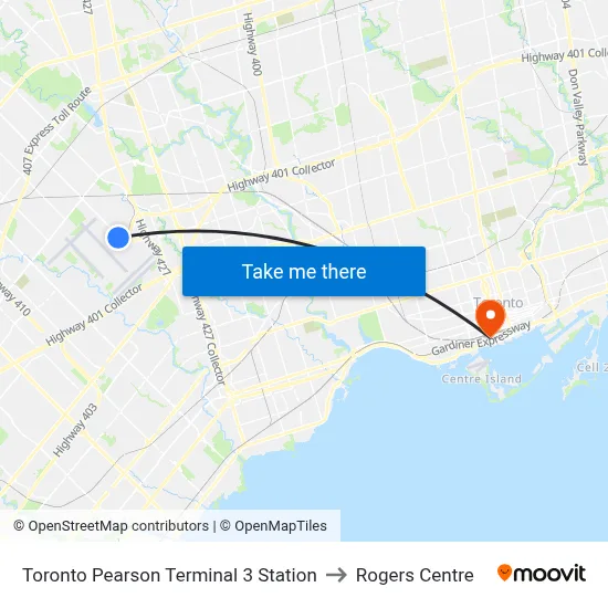 Toronto Pearson Terminal 3 Station to Rogers Centre map
