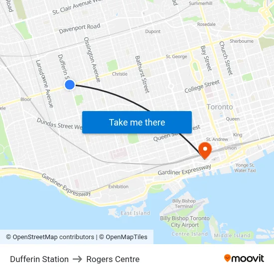 Dufferin Station to Rogers Centre map