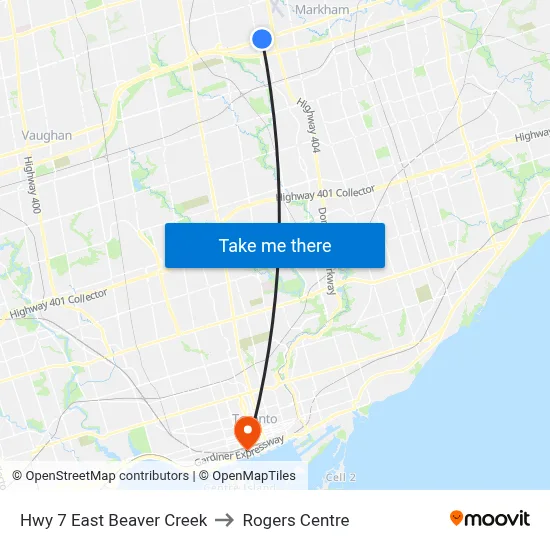 Hwy 7 East Beaver Creek to Rogers Centre map