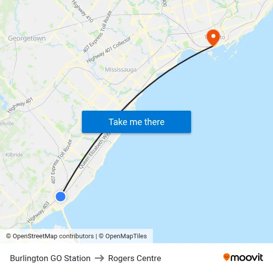 Burlington GO Station to Rogers Centre map