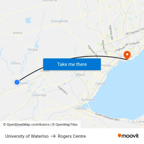 University of Waterloo to Rogers Centre map