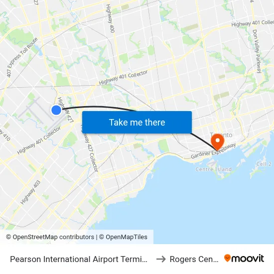 Pearson International Airport Terminal 1 to Rogers Centre map