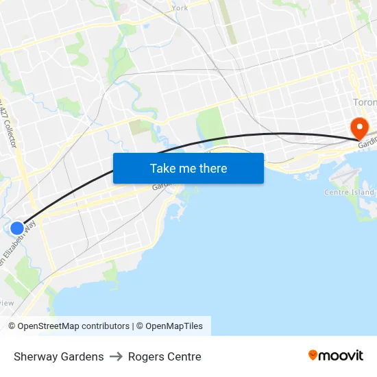 Sherway Gardens to Rogers Centre map