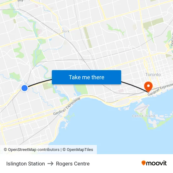 Islington Station to Rogers Centre map