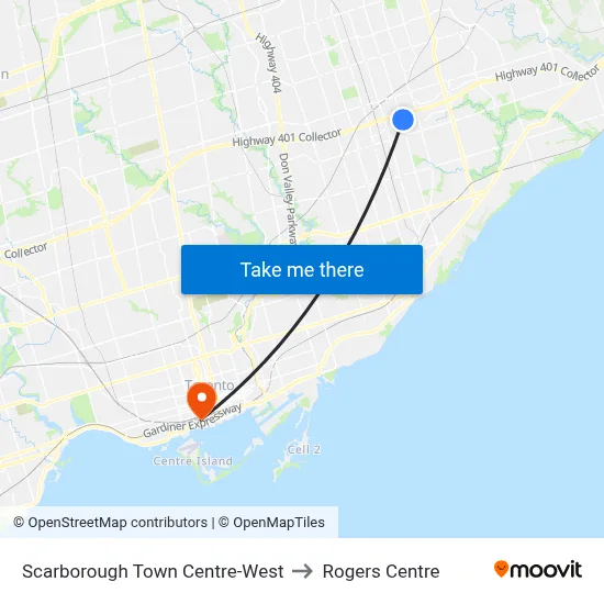 Scarborough Town Centre-West to Rogers Centre map