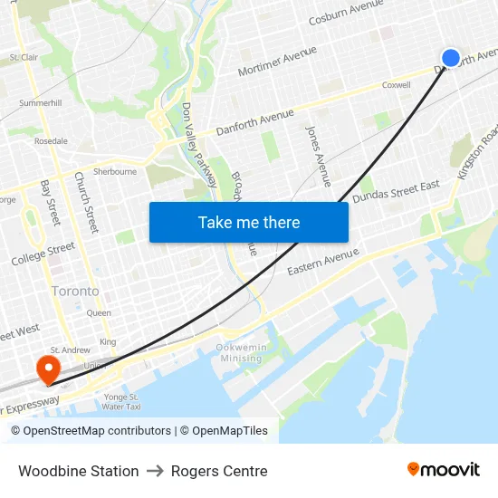 Woodbine Station to Rogers Centre map