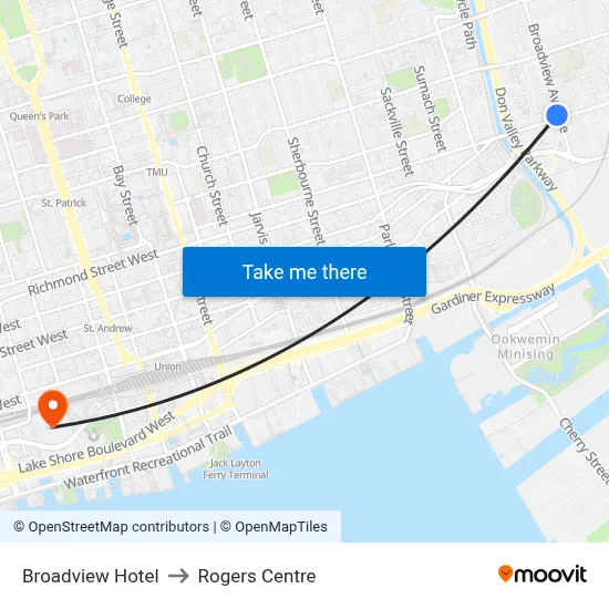 Broadview Hotel to Rogers Centre map