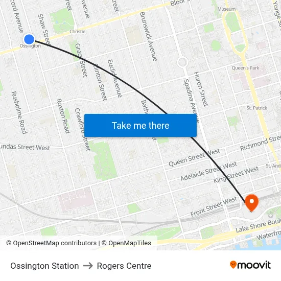 Ossington Station to Rogers Centre map