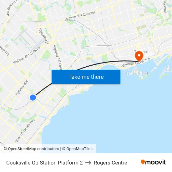 Cooksville Go Station Platform 2 to Rogers Centre map