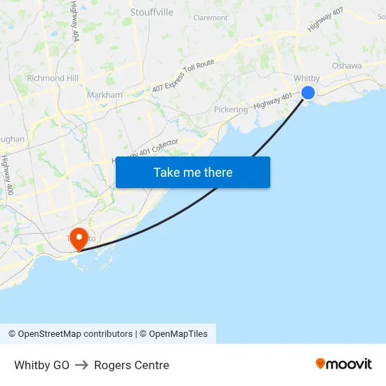 Whitby GO to Rogers Centre map
